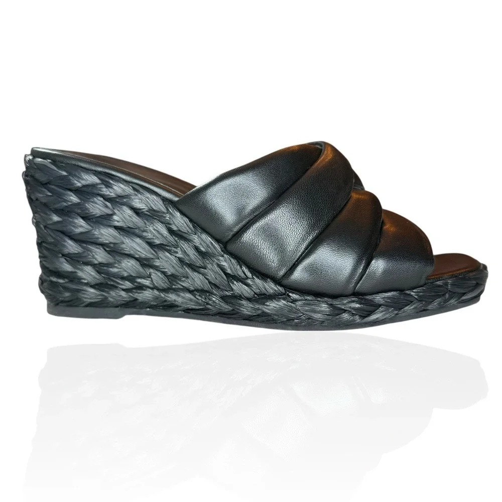 Vince Camuto Lauren Beverlin Poppy Black Leather High Wedge Slip On Sandal 9M US